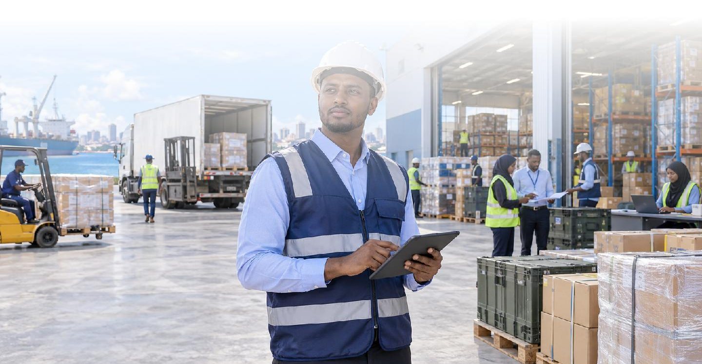 A PrimeLink operations supervisor checks a delivery list on a tablet at a busy warehouse loading yard